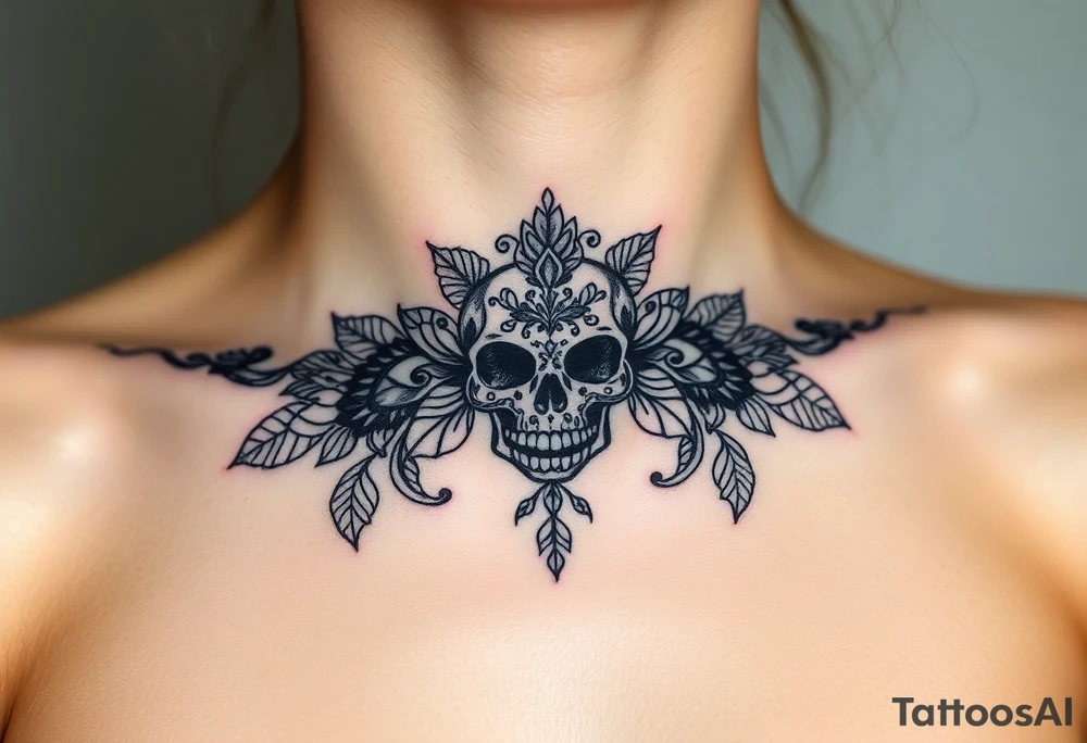 Stunning sternum tattoo with lace and elegant mandala skull tattoo idea