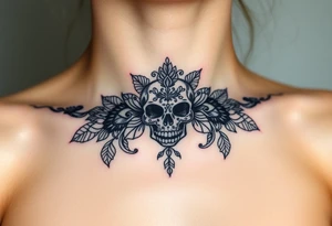Stunning sternum tattoo with lace and elegant mandala skull tattoo idea
