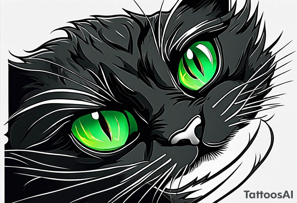 Black cat with green eyes hissing with its tail wrapped around the hilt of a sword tattoo idea