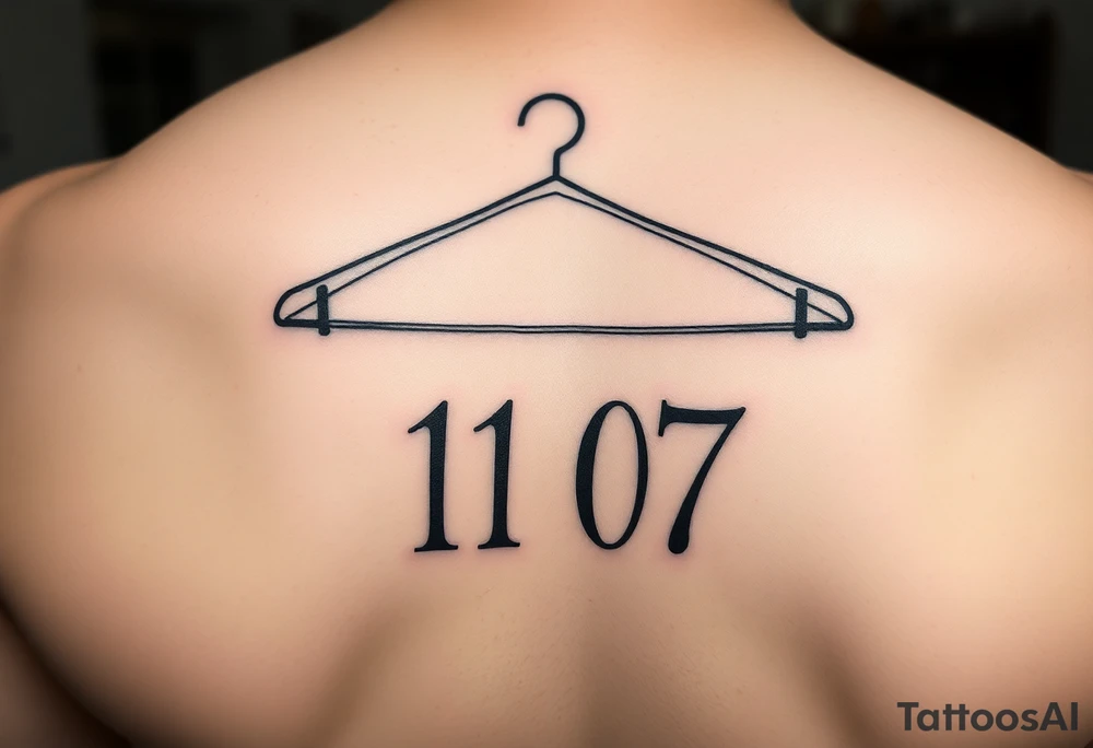 I want a tattoo about 7 cm in size that includes a drawing of a clothes hanger and the numbers 11 07, all in a realistic, beautiful style with stylish lettering tattoo idea