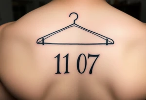 I want a tattoo about 7 cm in size that includes a drawing of a clothes hanger and the numbers 11 07, all in a realistic, beautiful style with stylish lettering tattoo idea