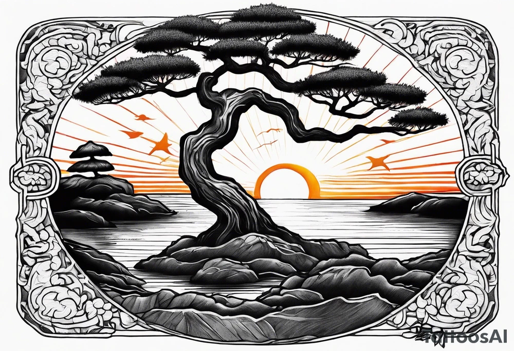 Sunset and little down bonsai trees tattoo idea