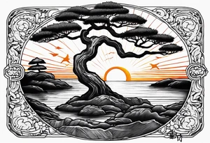 Sunset and little down bonsai trees tattoo idea