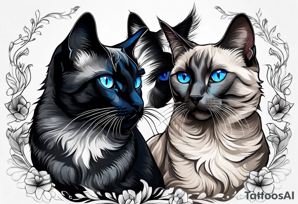 Two cats. One is medium length black and white fur, the other is a medium gray Siamese with blue eyes that are slightly crossed. tattoo idea