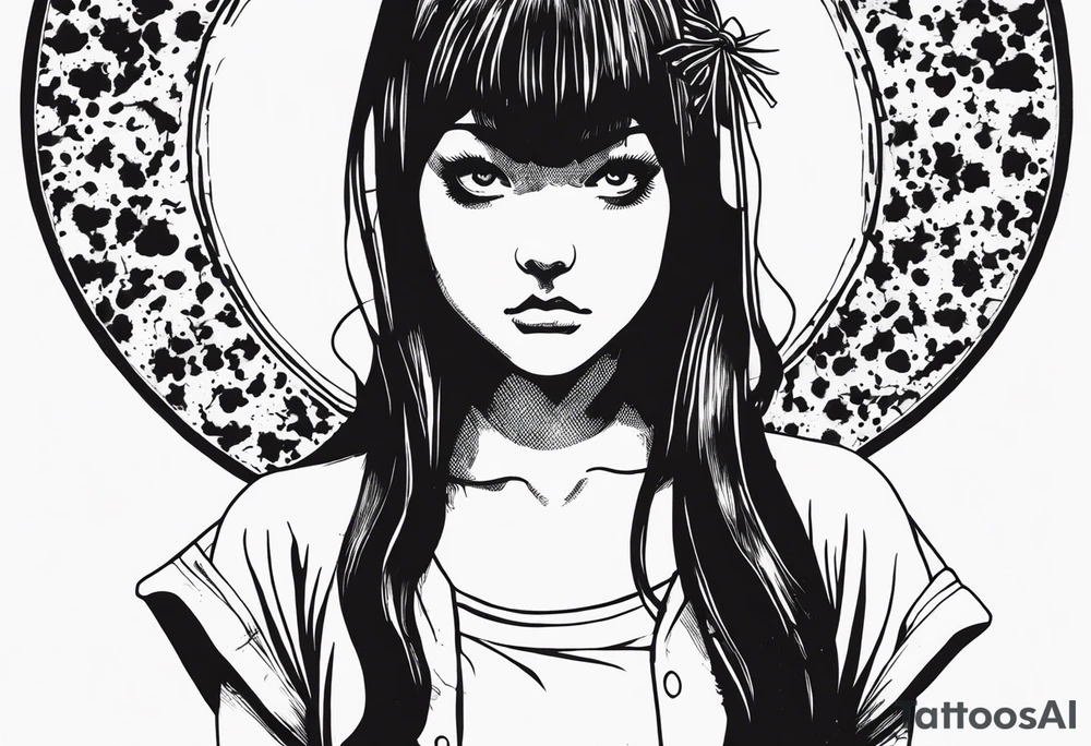 portrait of tomie standing up a character by the horror manga author junji ito full body standing murderously. add more horror and gore elements tattoo idea