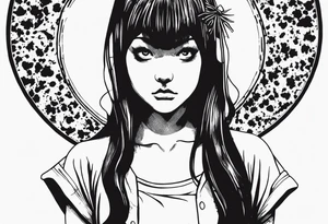 portrait of tomie standing up a character by the horror manga author junji ito full body standing murderously. add more horror and gore elements tattoo idea