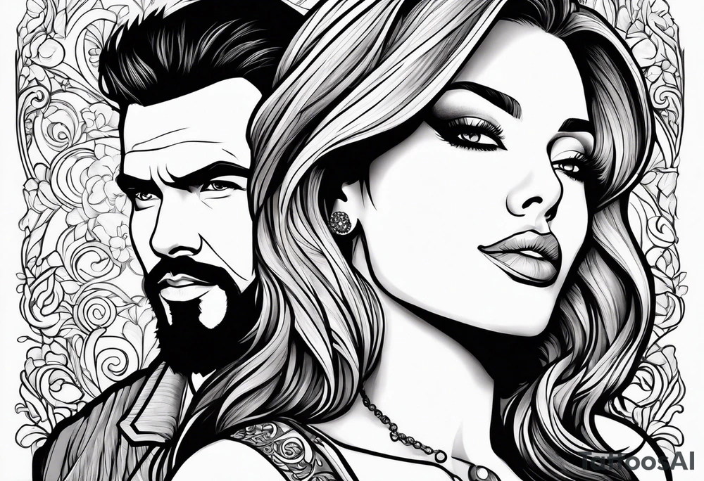 Busty red haired woman with a bearded man who has black hair tattoo idea