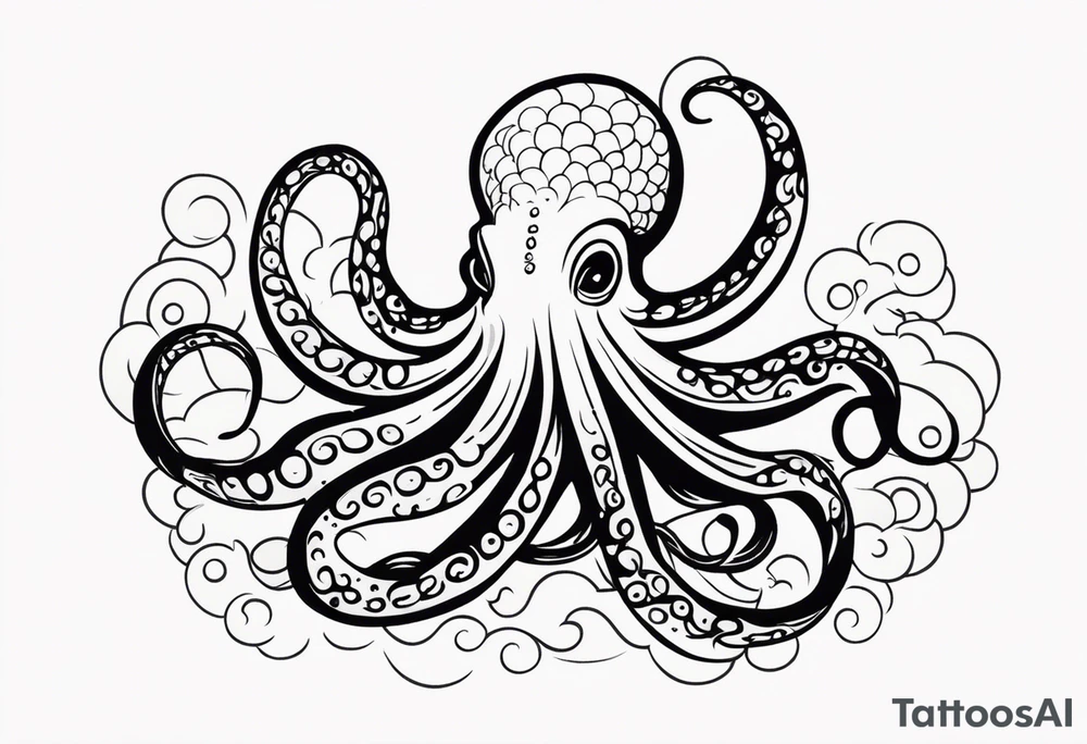 Tribal half sleeve. octopus surrounded by ribbons of water waves filled with fish. the octopus has no eyes. Use thick lines only with less detail. tattoo idea