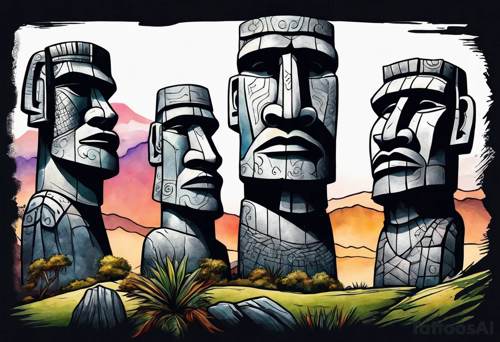 Four Easter island heads on an island landscape with hawks circling above tattoo idea
