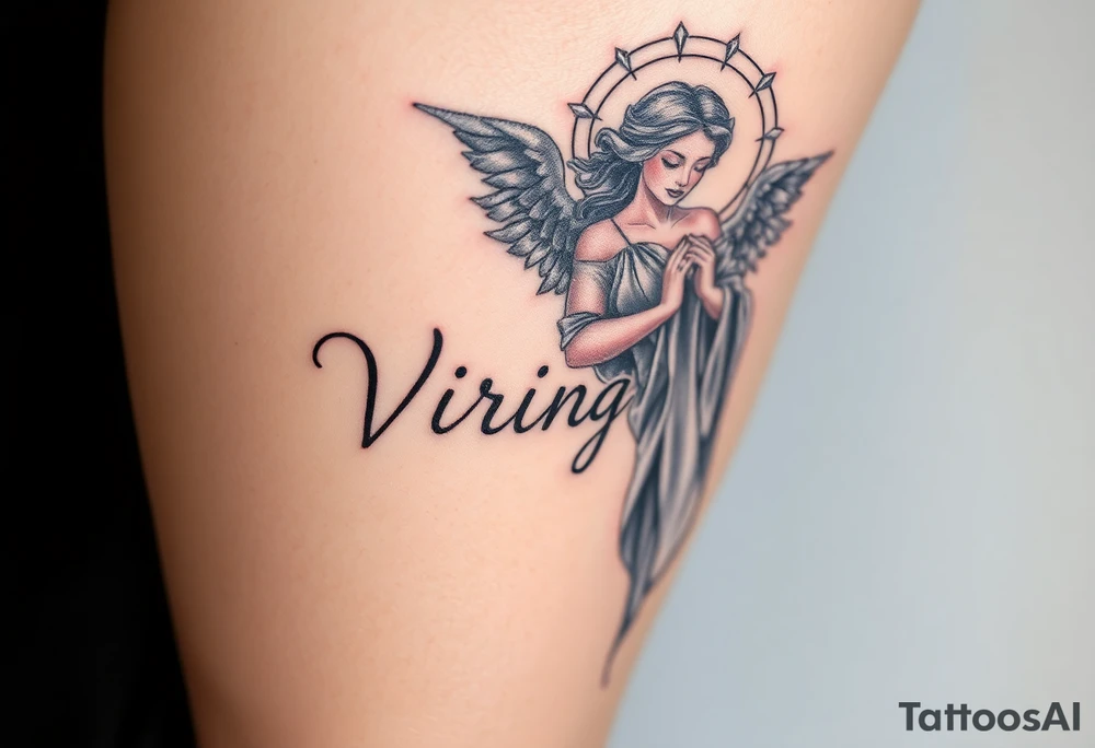 A celestial woman with glowing silver robe on her skin with the word virgo tattoo idea