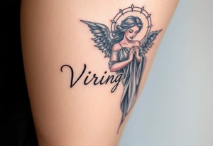 A celestial woman with glowing silver robe on her skin with the word virgo tattoo idea