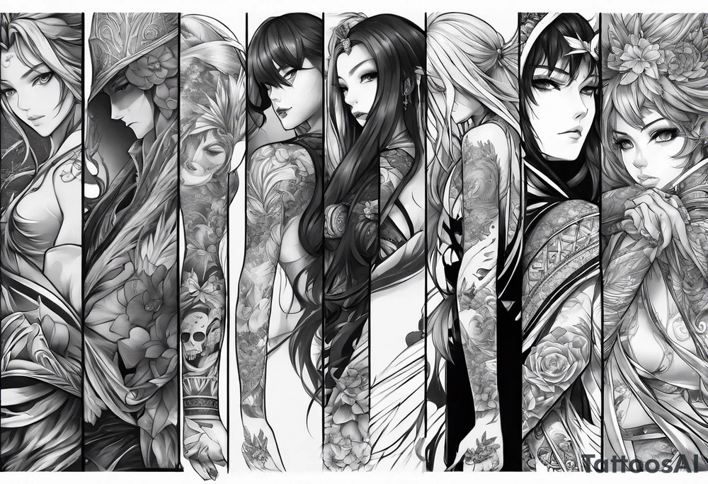 Full arm sleeve, anime style tattoo idea