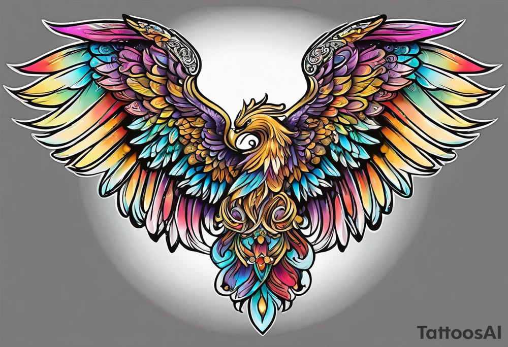 beautiful intricate colorful new school angel wings, tattoo idea