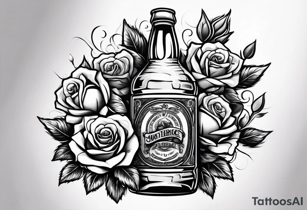 A bottle of beer and a stalk of rose in the bucket tattoo idea