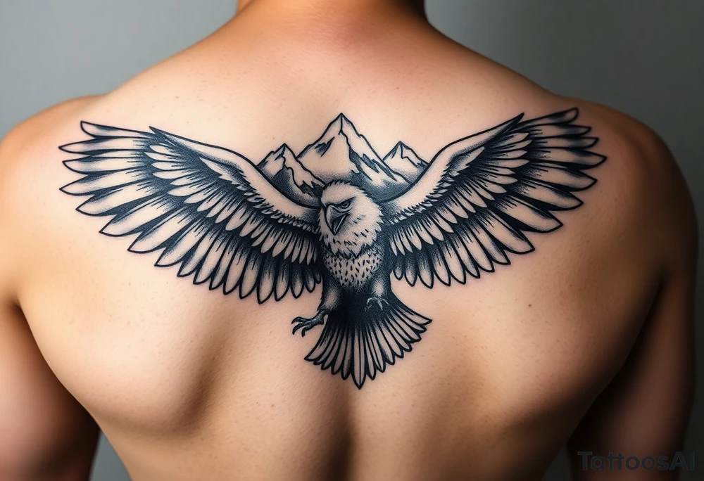 majestic eagle spreading wings against mountain peaks tattoo idea