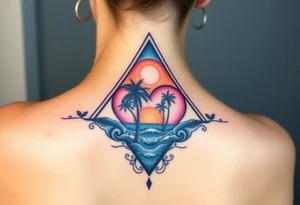 A triangle with a big heart in the center with an ocean theme and palm trees tattoo idea