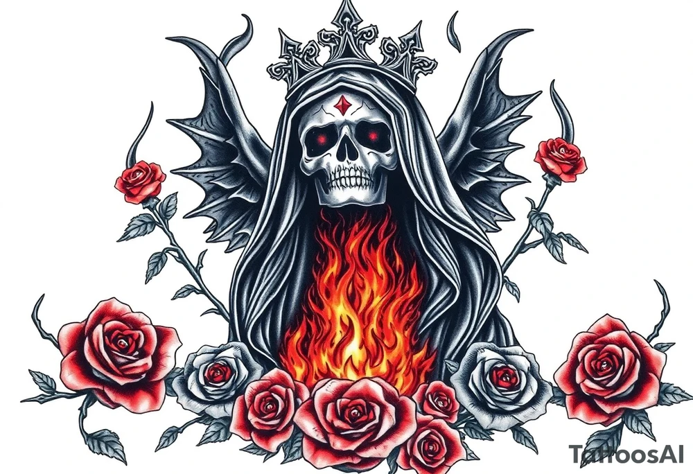 Powerful and evil Santa muerte rising from the flames and ashes of hell, surrounded by unclaimed souls and roses tattoo idea