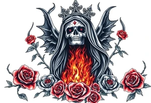 Powerful and evil Santa muerte rising from the flames and ashes of hell, surrounded by unclaimed souls and roses tattoo idea