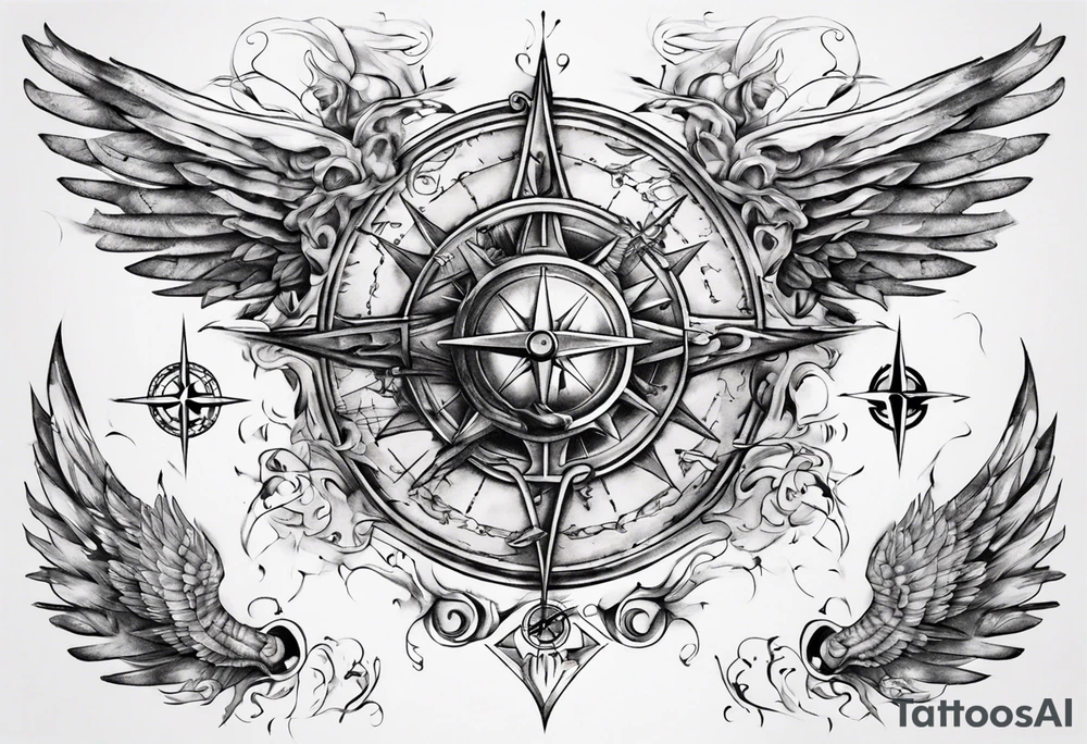 Chest tatoo abstraction with sun and letters and compass and angels tattoo idea