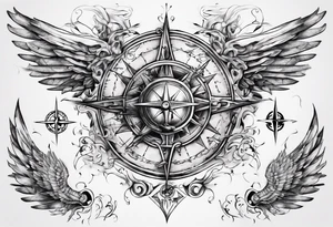 Chest tatoo abstraction with sun and letters and compass and angels tattoo idea
