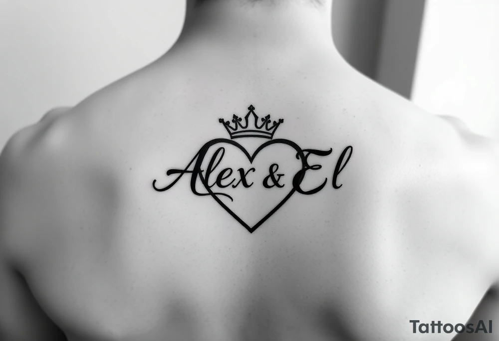 the name Alex and El in a heart with crown tattoo idea