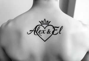 the name Alex and El in a heart with crown tattoo idea