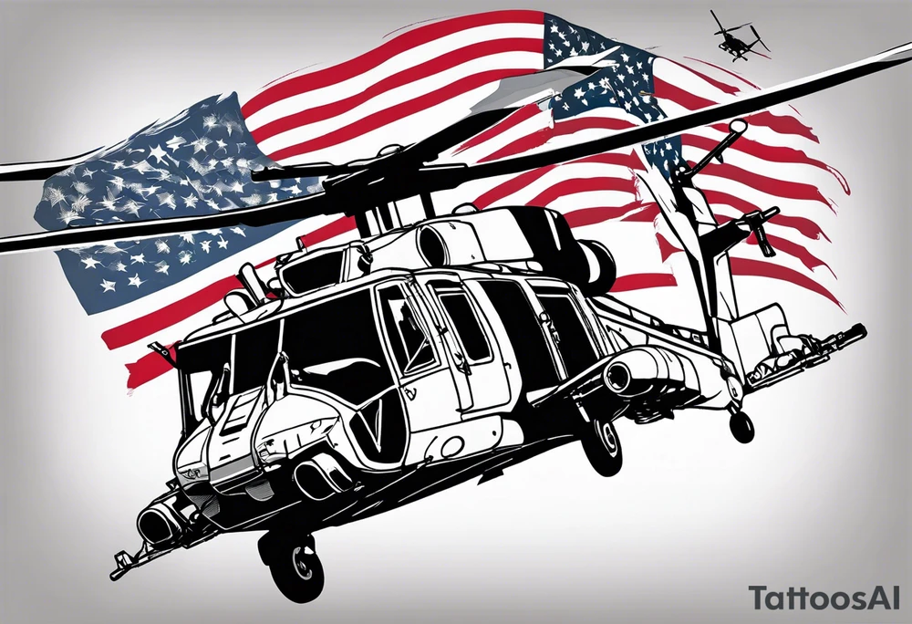 Usmc ega recon jack and sniper helicopter in sky with recon parachute team in shy with American flag twisted waving tattoo idea