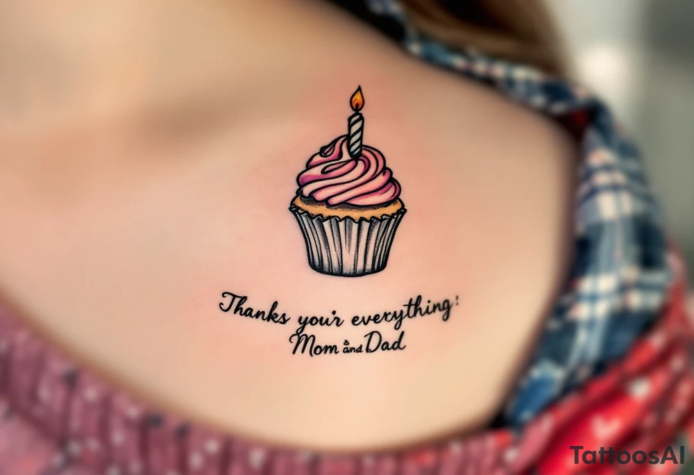 A candy-colored cupcake with a candle and the words “Thanks for Everything, Mom and Dad” in script. tattoo idea