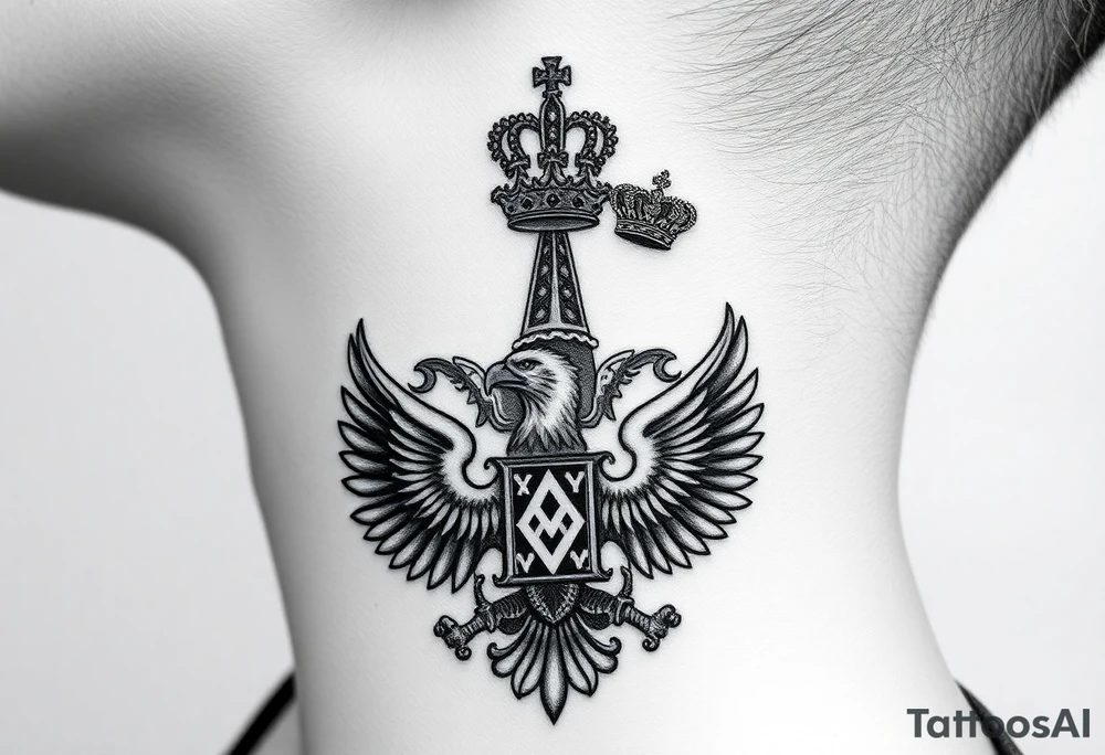 St. George, 3 russian imperial crowns above the Russian coat of arms double eagle and sitting above its wingspan sitting just above Kremlin or St. Basil's Cathedral scene  on the side of my neck tattoo idea