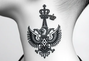 St. George, 3 russian imperial crowns above the Russian coat of arms double eagle and sitting above its wingspan sitting just above Kremlin or St. Basil's Cathedral scene  on the side of my neck tattoo idea