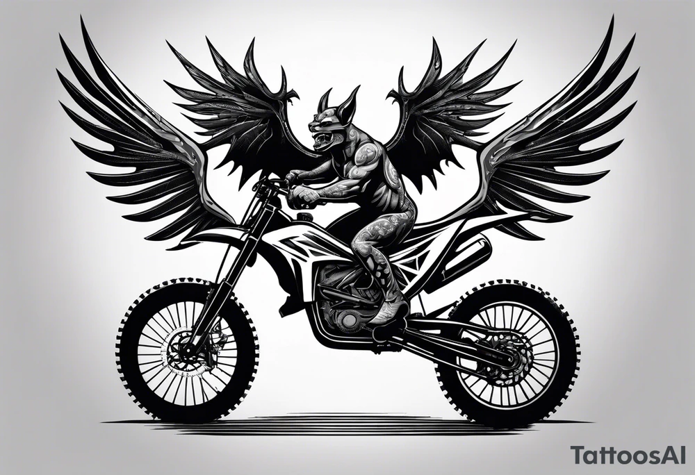 gargoyle riding a full suspension mountain bike with a shadow no background with wings tattoo idea