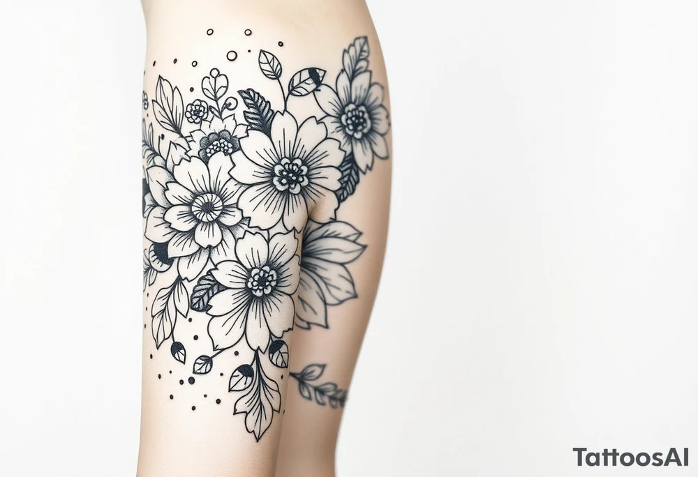 floral composition with japanese vibe, mutiple ornemental patern and leaf tattoo idea