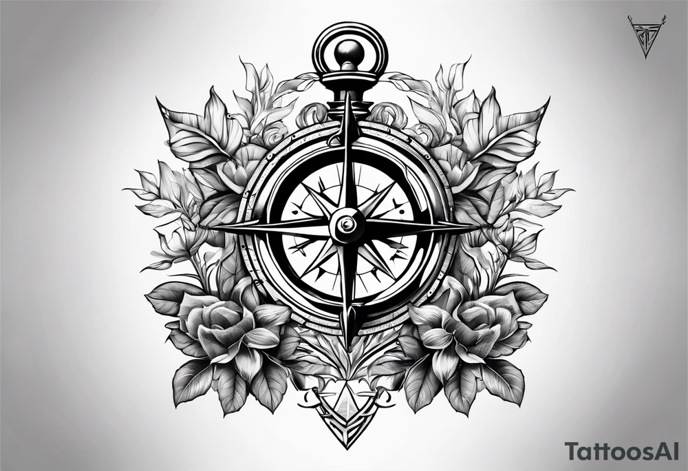 A selucid style anchor in front of a compass with north south east west marked on it and a narrow laurel wreathe wrapped around the compass tattoo idea