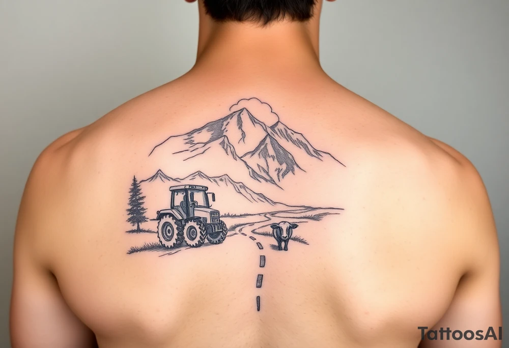 mountain, road, vantage tractor, cow, sunset tattoo idea