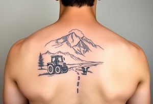 mountain, road, vantage tractor, cow, sunset tattoo idea