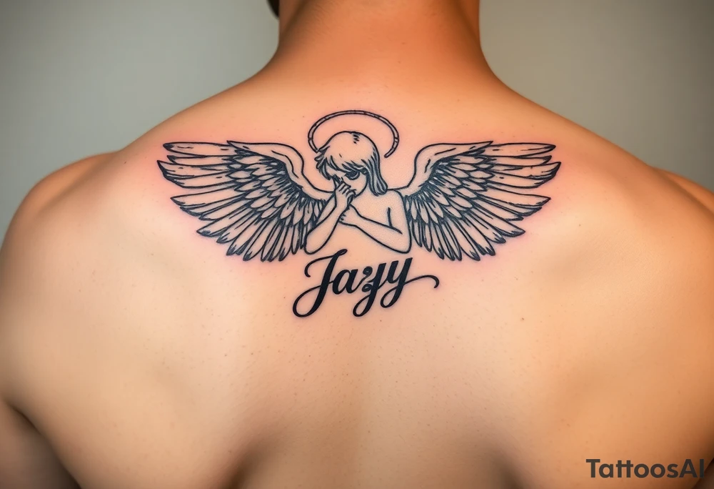 upper shooulder tattoo - Remembrance angel of a deceased best friend with the name Jazy incorporated tattoo idea