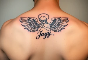 upper shooulder tattoo - Remembrance angel of a deceased best friend with the name Jazy incorporated tattoo idea
