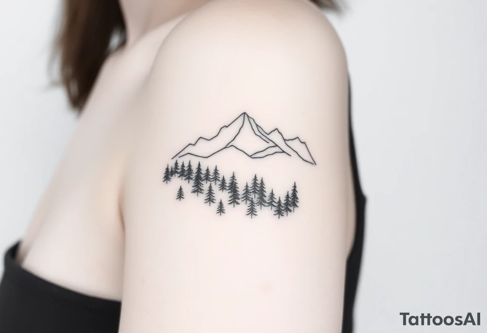 A fine line tattoo where a dense forest of trees transitions into a mountain range, symbolizing the shift from the dark, confusing atmosphere of Exile to the realization and clarity of Out of the Woods. The trees at the bottom are tightly packed, while the mountains gradually spread out and rise, symbolizing a feeling of freedom and escape from emotional turmoil tattoo idea
