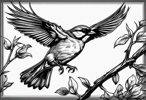 Sparrow taking off from breaking branch tattoo idea