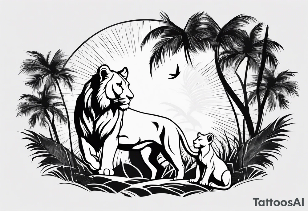 lioness and cub sun palm tree tattoo idea