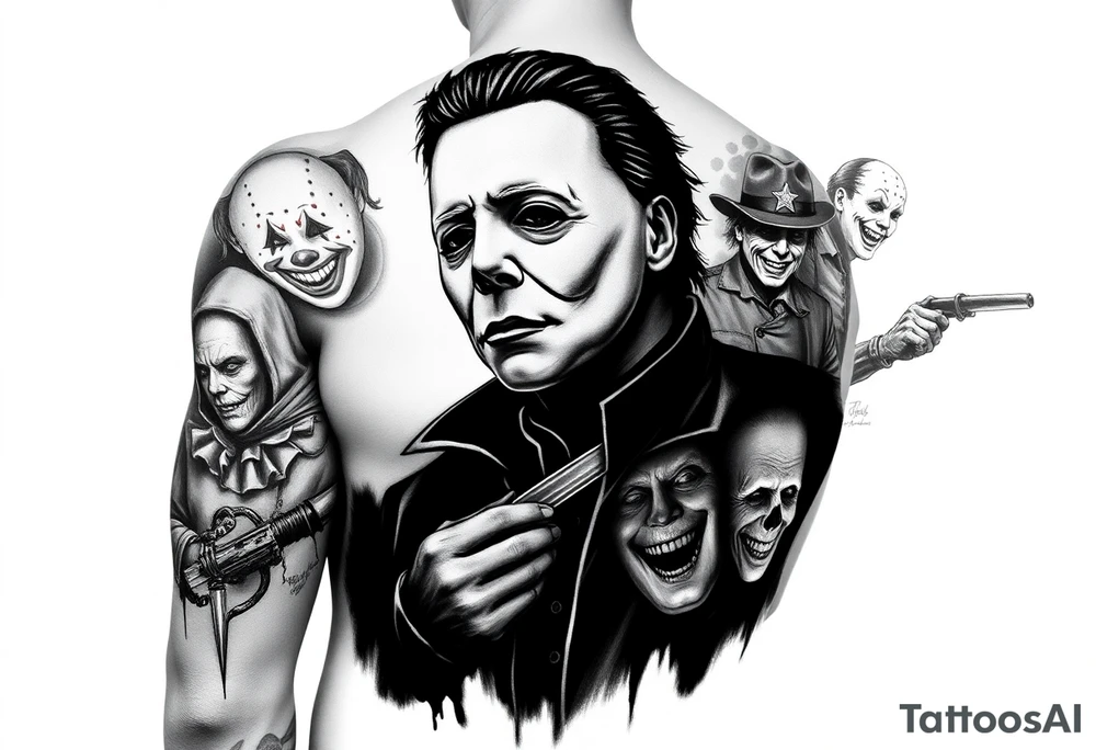 Left arm sleeve. Michael Myers is the largest and main focal point. It should have the other horror characters like Jason, Freddy, the clown from saw, sam, the leprechaun,  chuckie, pin head, art the clown, leather face penny wise. tattoo idea