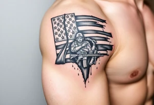 Partially torn American flag with 2 m16s and a marines saluting the flag tattoo idea