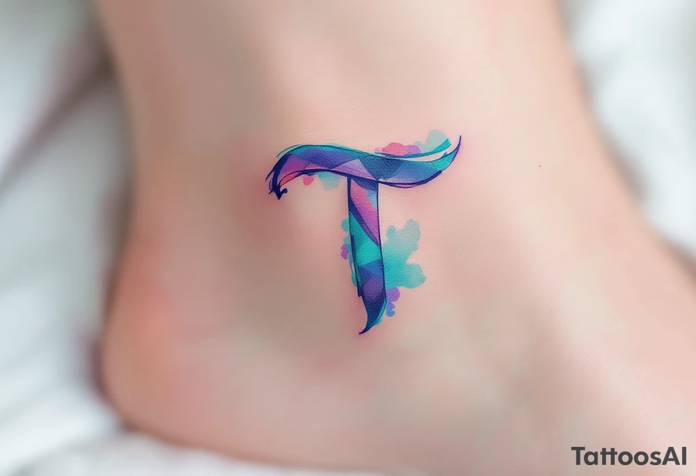 A watercolor-style "T" in shades of turquoise and purple, blending like paint strokes. tattoo idea