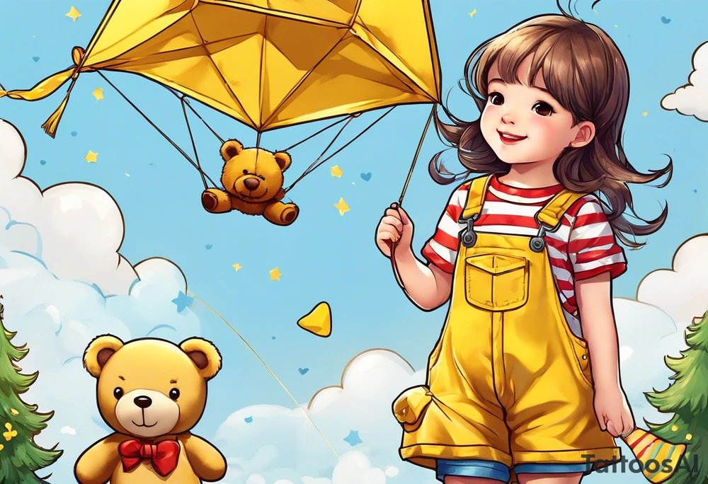 back image of a little girl flying a kite with a teddy bear in yellow overalls standing beside her tattoo idea