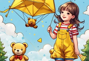 back image of a little girl flying a kite with a teddy bear in yellow overalls standing beside her tattoo idea