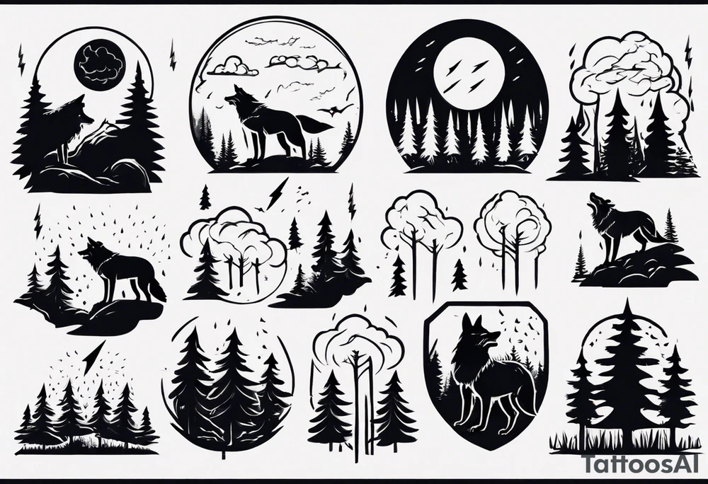 a thunderstorm over a forest and a wolf howling tattoo idea