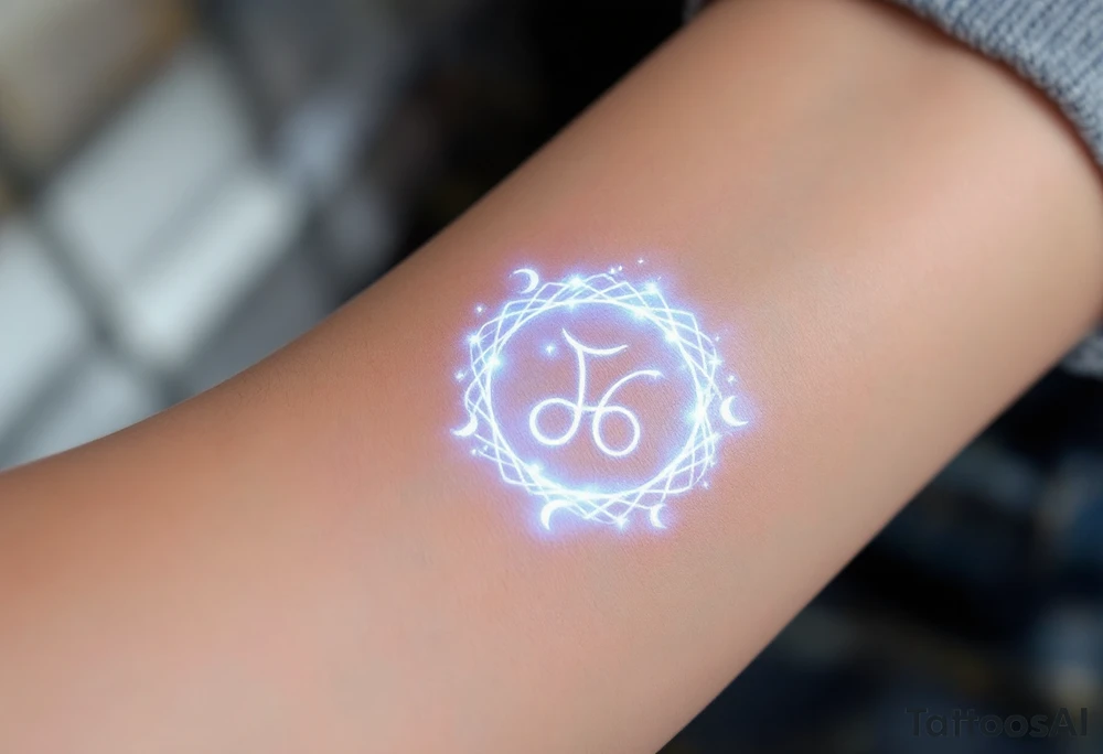 The symbol is formed by interwoven lines, creating a perfect circle, with an aura of pale blue light. The rune emits a soft, mystical glow and is complemented by small crescent moons surrounding it, symbolizing the infinity of love. tattoo idea