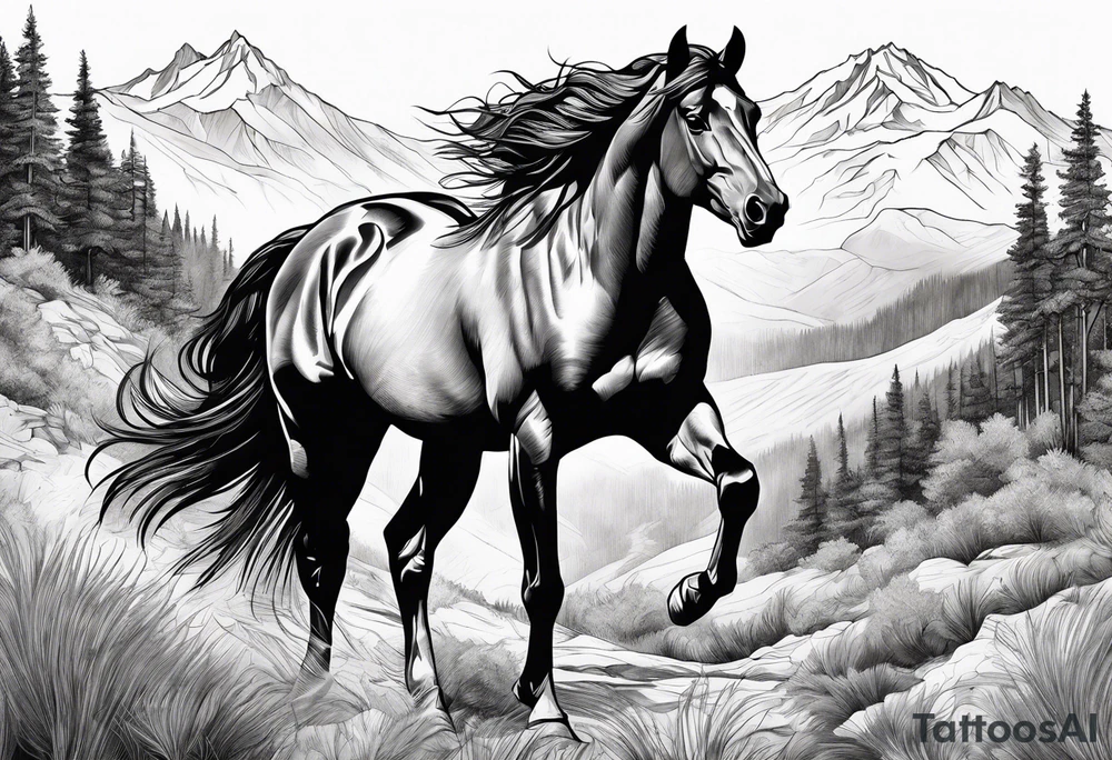 Wild horse, mountain background, feather tattoo idea