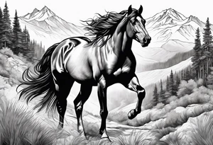 Wild horse, mountain background, feather tattoo idea