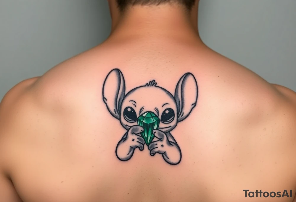 Stitch holding emerald birthstone tattoo idea